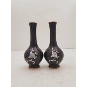 Vintage Black Enameled Bronze Vase with Pearl Decoration, Black Lacquer Painted